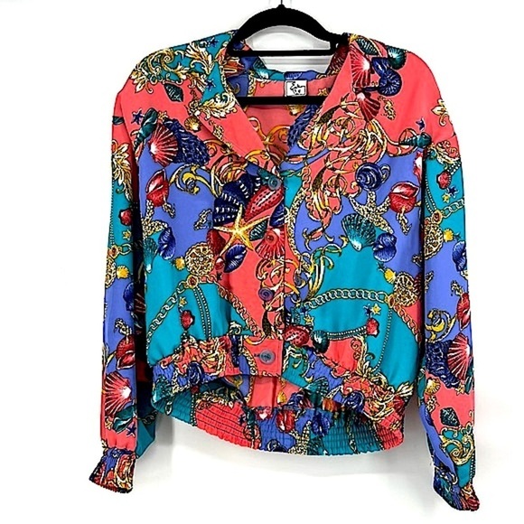 Vintage Tops - Vintage Eva Silky Seashell Beach Button Blouse Jacket Women Size 8 Medium